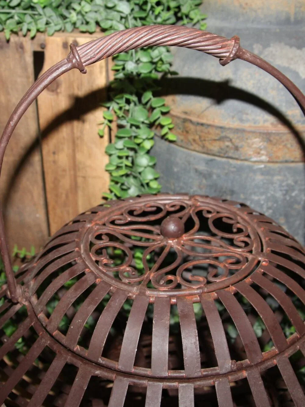 Large HEAVY Vintage Metal & Wrought Iron French Country Lidded Basket
